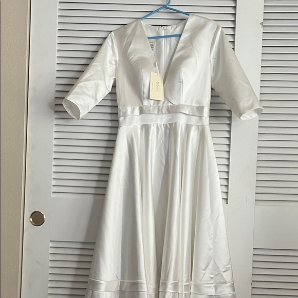 Chic Satin White Midi Dress perfect for engagement party or even a wedding - Picture 1 of 8